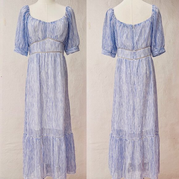 Moon River White & Blue Stripe Puff Sleeve Cottagecore Homemaker Midi Dress Sz M - Picture 16 of 16